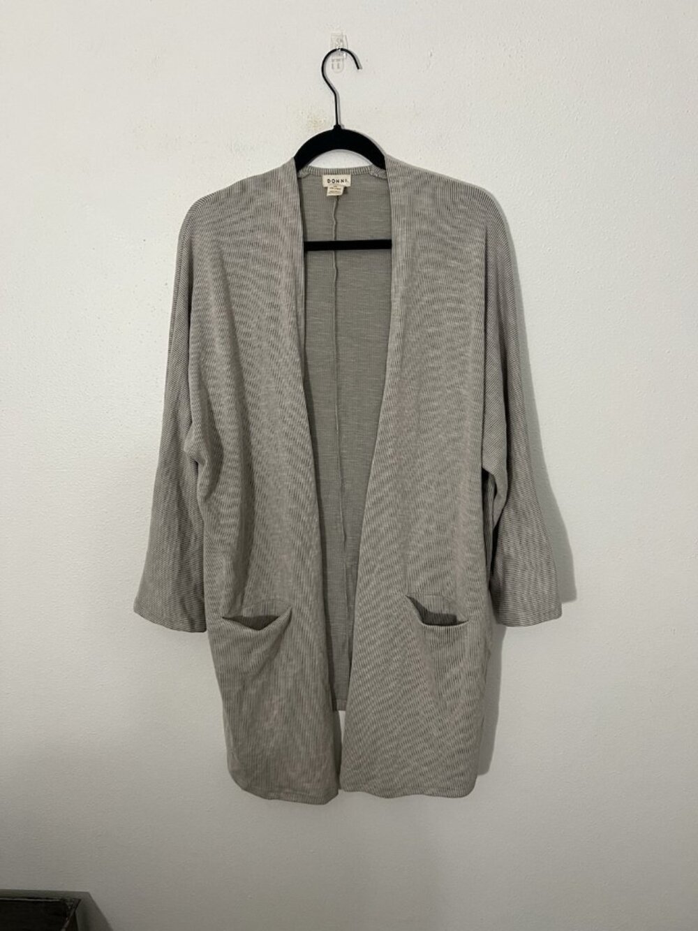 DONNI Striped Cardigan Ribbed One Size Fits All Gray Pockets Cotton Blend